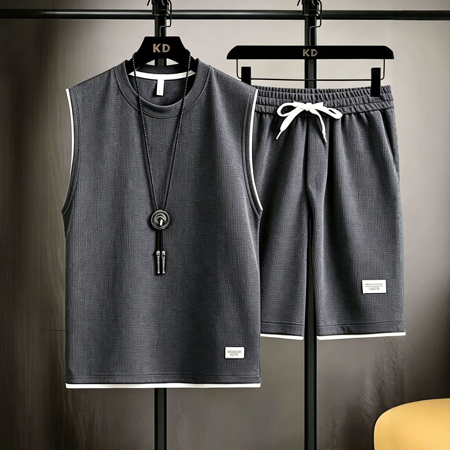 Mens Fashion Summer - ชุดเสื้อกั๊กและกางเกงขาสั้นผู้ชายสำหรับฤดูร้อน คุณภาพสูง ชุดออกกำลังกาย ชุดกีฬาวิ่ง ผ้าตาข่าย แห้งเร็ว