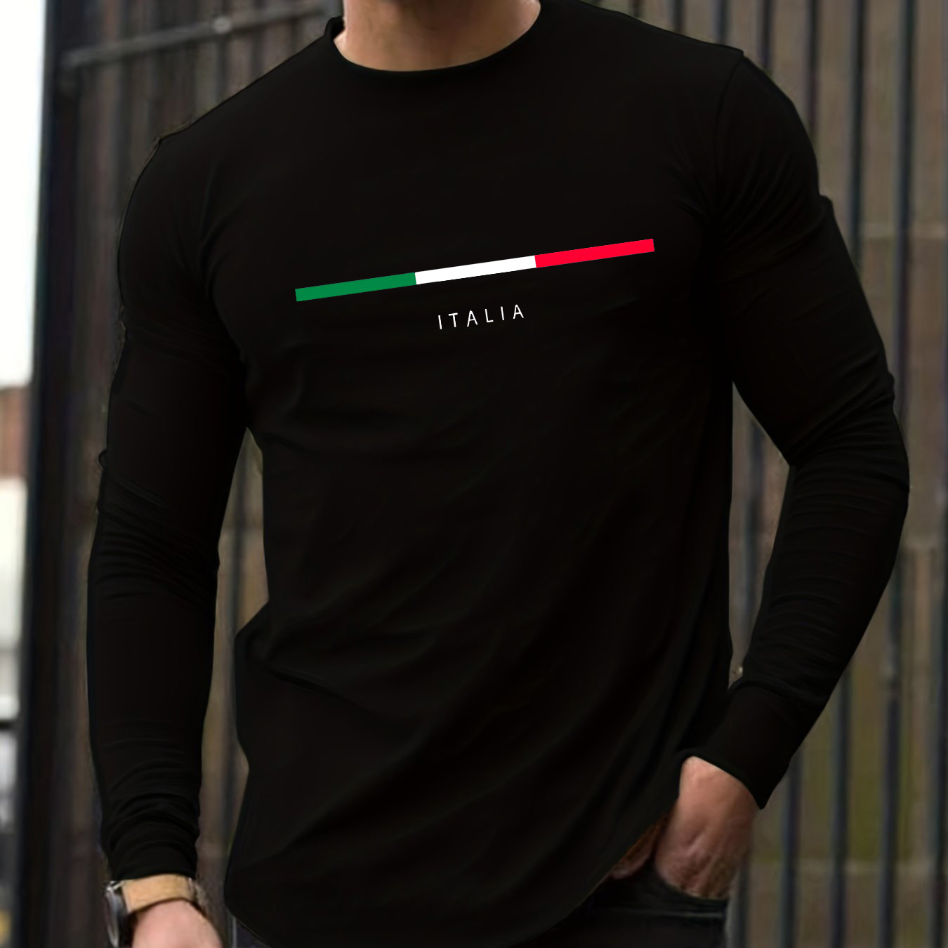 Mens Fashion Summer - เสื้อยืดแขนยาวคอกลมผู้ชาย ผ้าฝ้ายแท้ 100% ทรงหลวม พิมพ์ลาย ITALIA
