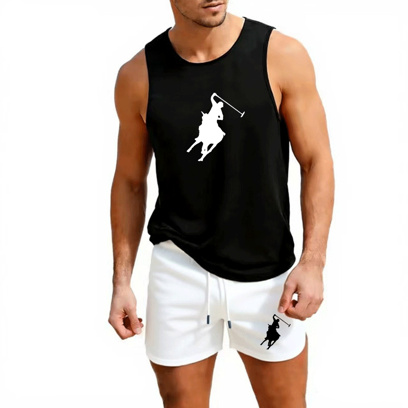 Mens Fashion Summer - ชุดเสื้อกั๊กและกางเกงขาสั้นฤดูร้อนสำหรับผู้ชายสไตล์ยุโรป ชุด 2 ชิ้น ชุดออกกำลังกายกลางแจ้ง ชุดกีฬาแฟชั่นลำลอง