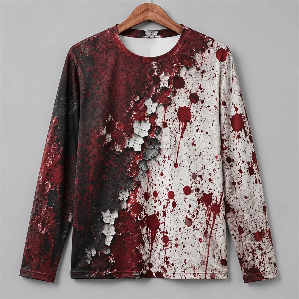 Men'S Fashion T Shirts - เสื้อยืดแขนยาวลายเลือดแดงสยองขวัญพิมพ์ 3 มิติ สำหรับผู้ชาย สไตล์วินเทจ สำหรับปาร์ตี้ฮาโลวีน