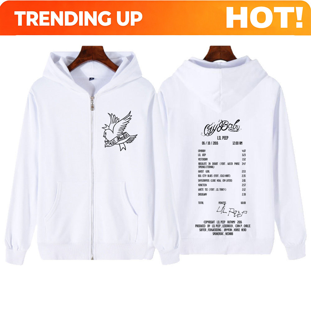Mens Fashion Zip Up Hoodies - เสื้อฮู้ดซิปกราฟิกอัลบั้ม Cry Baby ของแร็ปเปอร์ Lil Peep