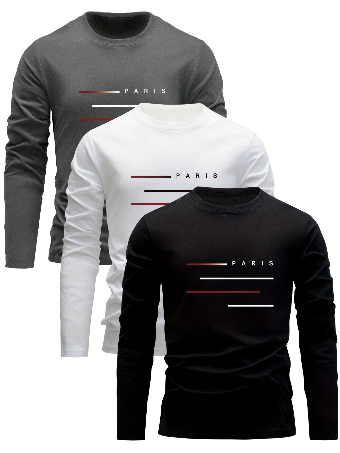 Men'S Fashion T Shirts - เสื้อยืดแขนยาวคอกลมผู้ชาย ผ้าฝ้าย 100% ทรงหลวม พิมพ์ลายตัวอักษร Paris